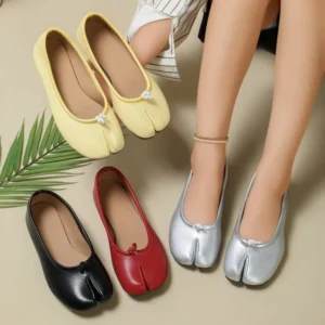 Women Split Toe Ballet Flats Knot Decor Slip‑on