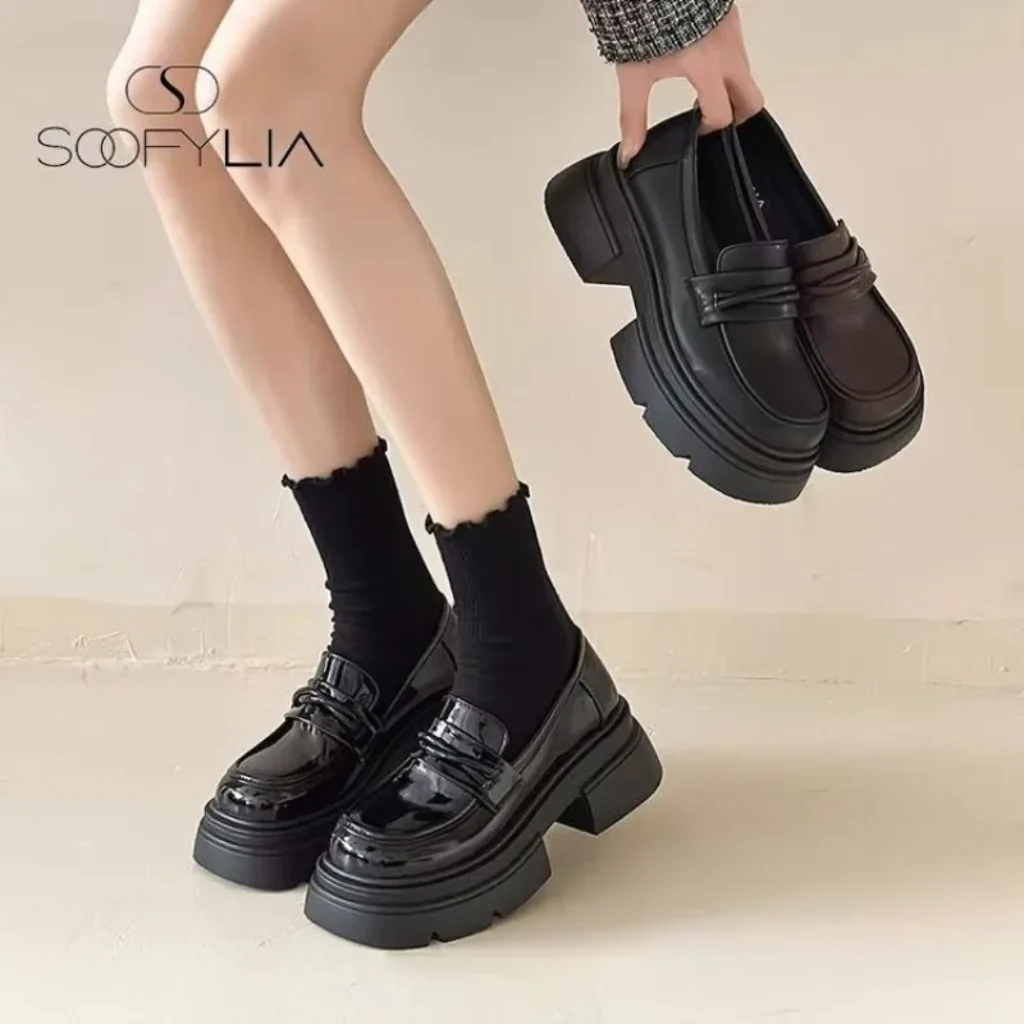 Women’s Black Chunky Platform Loafers Slip Smooth Leather