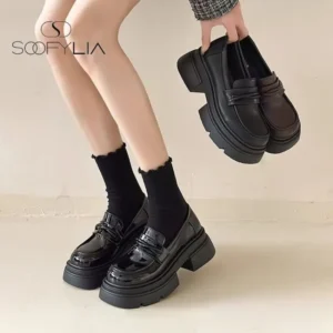 Women’s Black Chunky Platform Loafers Slip Smooth Leather