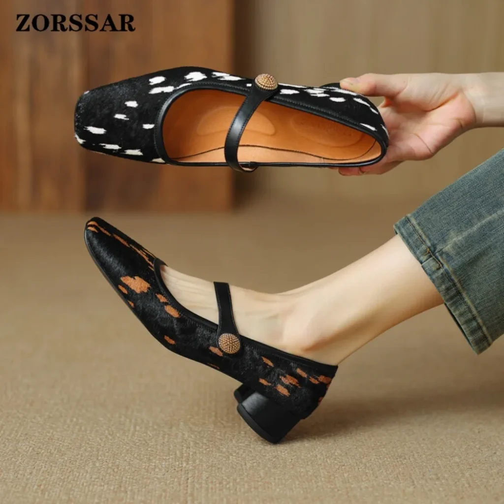 Women’s Square Toe Mary Jane Shoes Horsehair Animal