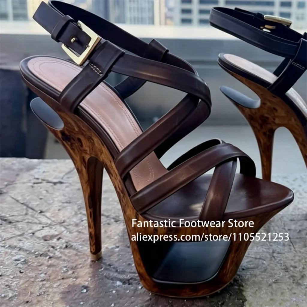Wood Grain Platform High Heel Sandals Cross Strap