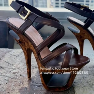 Wood Grain Platform High Heel Sandals Cross Strap