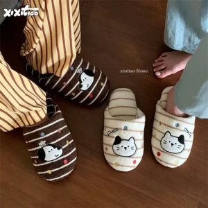 XIXITIAO Winter Home Flat Slippers Fashion Cute Striped