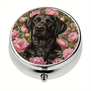 1-Pack Three-Compartment Pill Box, Peony Flower Black Labrador