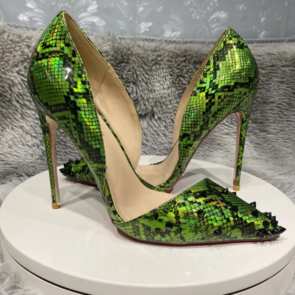 12cm Green Snakeskin Pointed Toe Rivet High Heels