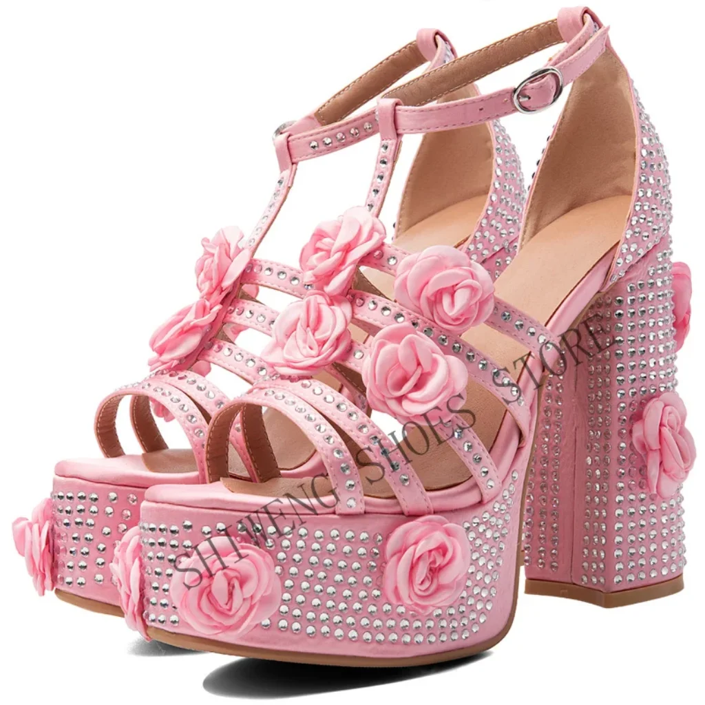 2026 Women Flower Rhinestone Platform High Heels Pink