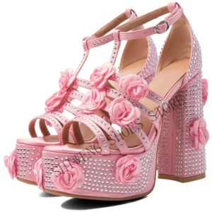 2026 Women Flower Rhinestone Platform High Heels Pink
