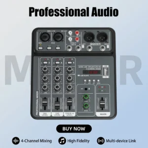 4-Channel Pro Audio Mixing Console, 48V Phantom, USB/Bluetooth,