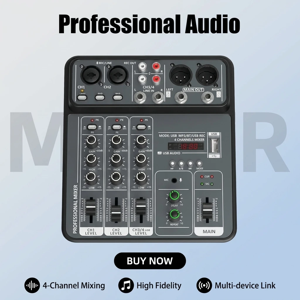 4-Channel Pro Audio Mixing Console, 48V Phantom, USB/Bluetooth,