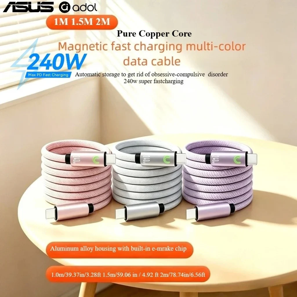 ASUS 240W Magnetic Super Fast‑Charging Cable iPhone 17ProMax/17Pro/17/16ProMax/16Pro/16/15ProMax/15Pro/15/Samsung