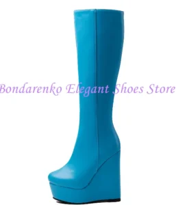 Black Leather Woman Wedge Heel Long Boots Fashion