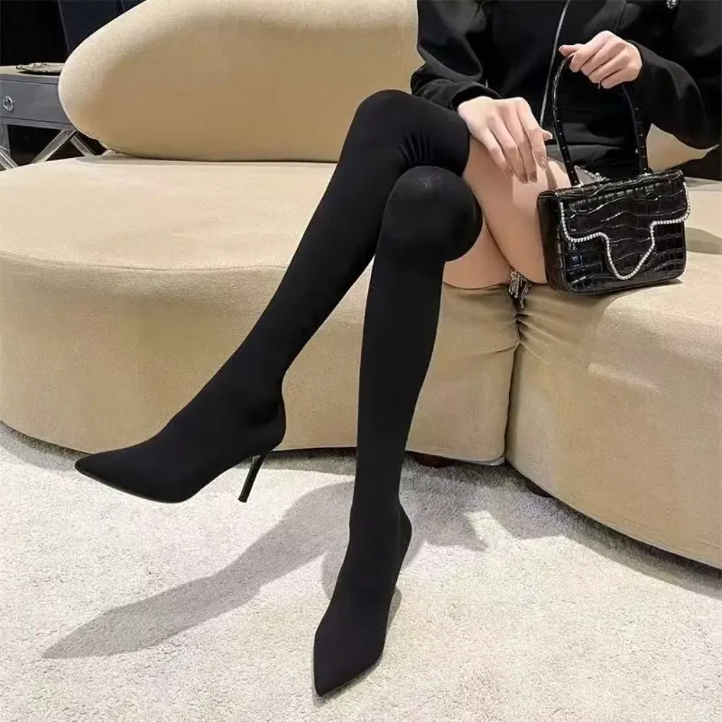 Black Pointed Toe Thin Heel Slim Boot Velvet