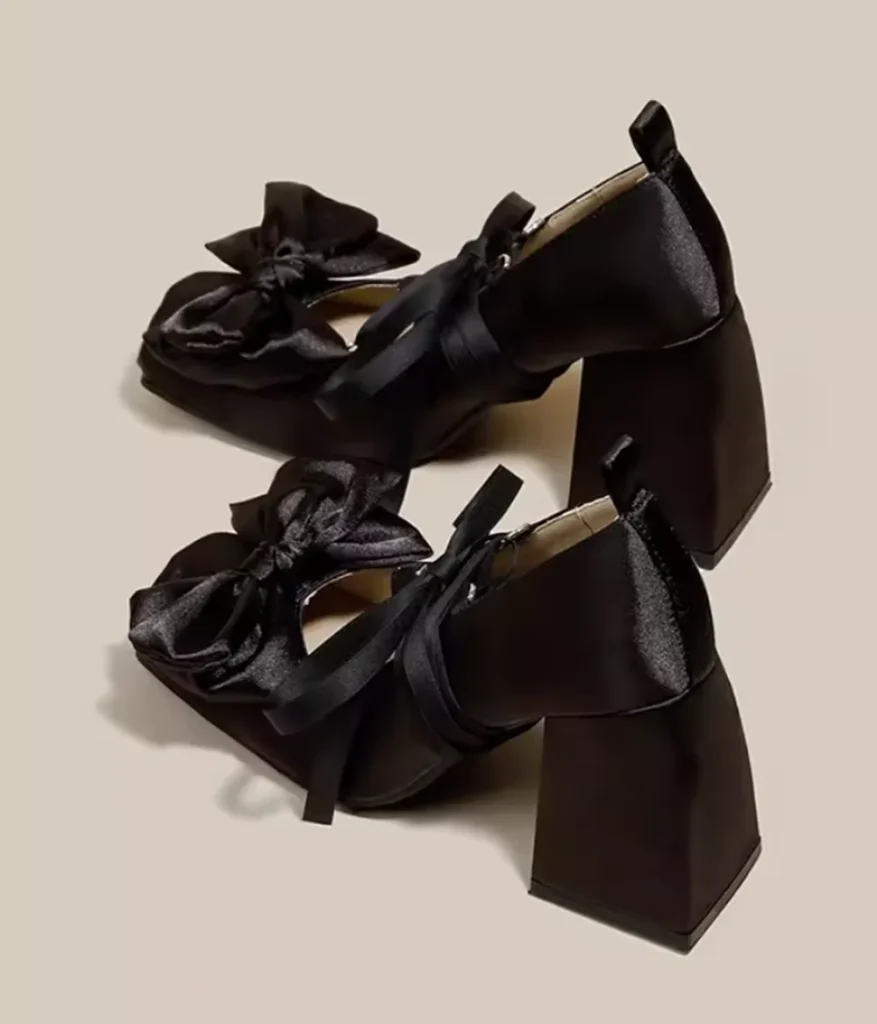 Black Satin Cross Tied Chunky Heels Oversized Bow