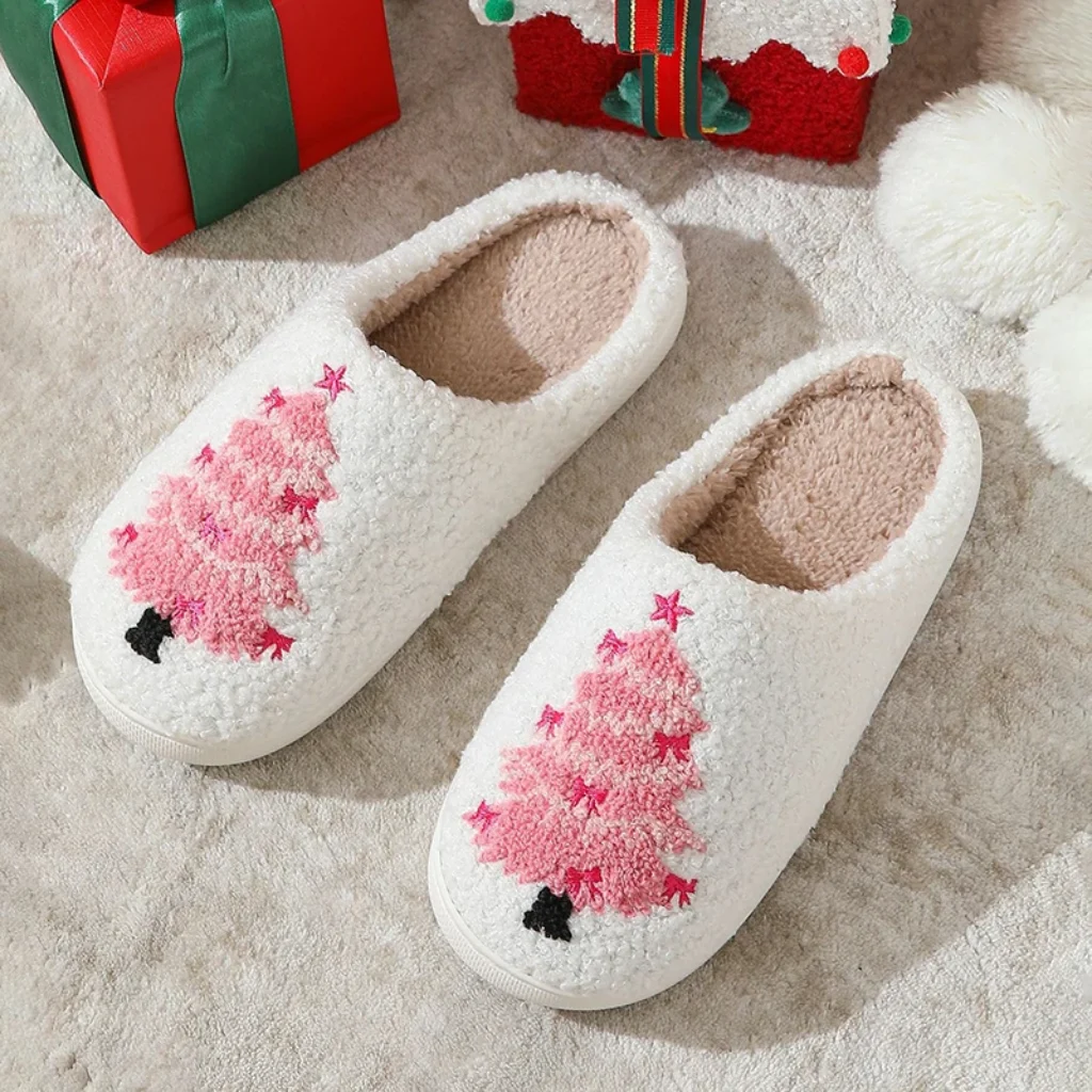 Christmas Tree Fluffy Slide Slippers Ladies Soft Plush