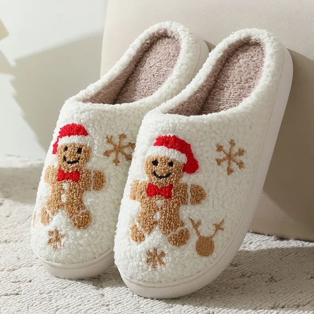 Christmas Women Slippers Cute Gingerbread Winter Warm Slides