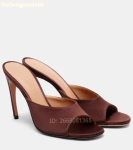 Coffee Brown Satin Open Square Toe Mule Slippers