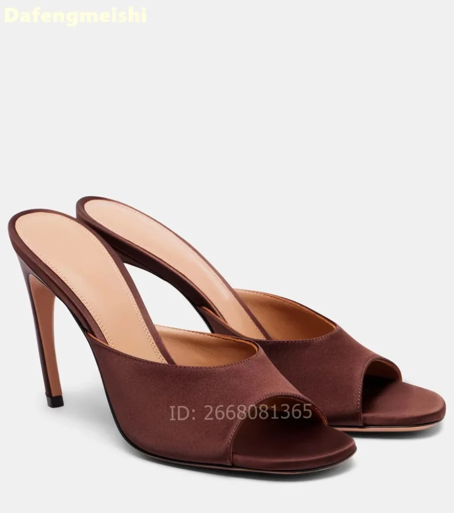 Coffee Brown Satin Open Square Toe Mule Slippers