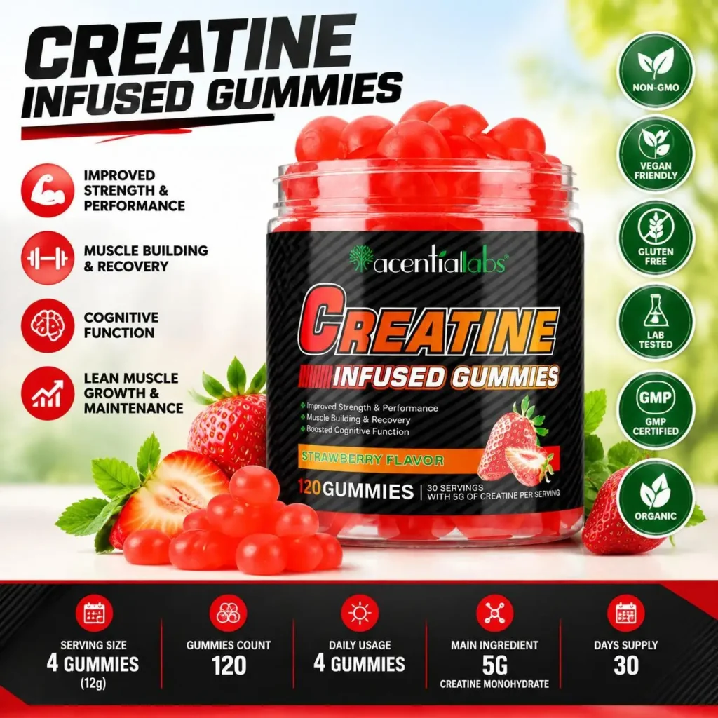 Creatine Monohydrate Gummies, Strawberry Creatine Supplement Muscle Strength,