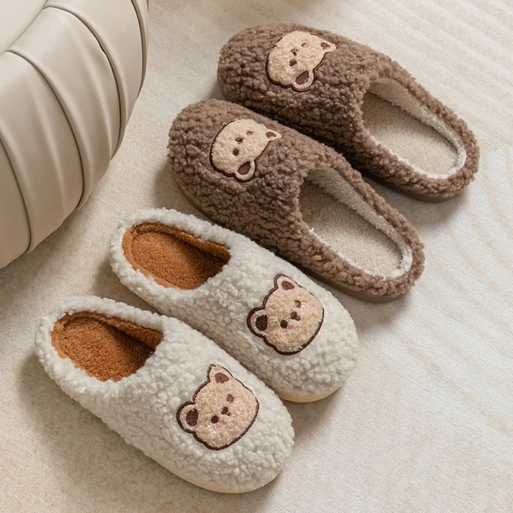 Cute Bear Fluffy Slippers Warm Plush House Shoes