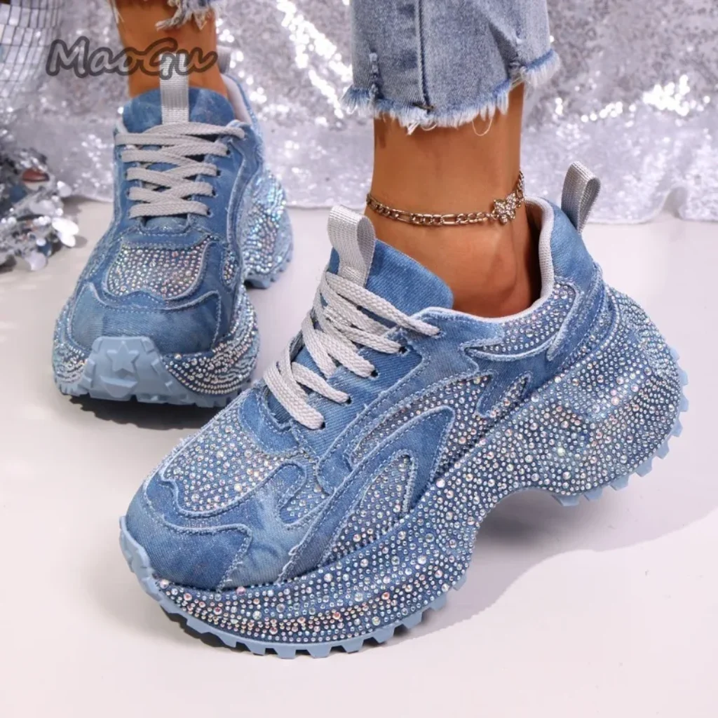 Fashion Rhinestone Women’s Chunky Sneakers Thick Sole Lace