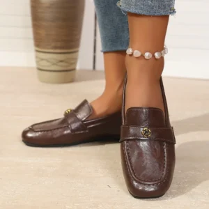 Flat Women’s Leather Loafers Gold-Tone Flower Accessory Round