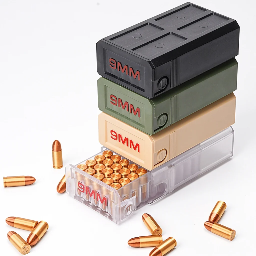 Four colors available; 9mm pull-out ammo storage box;