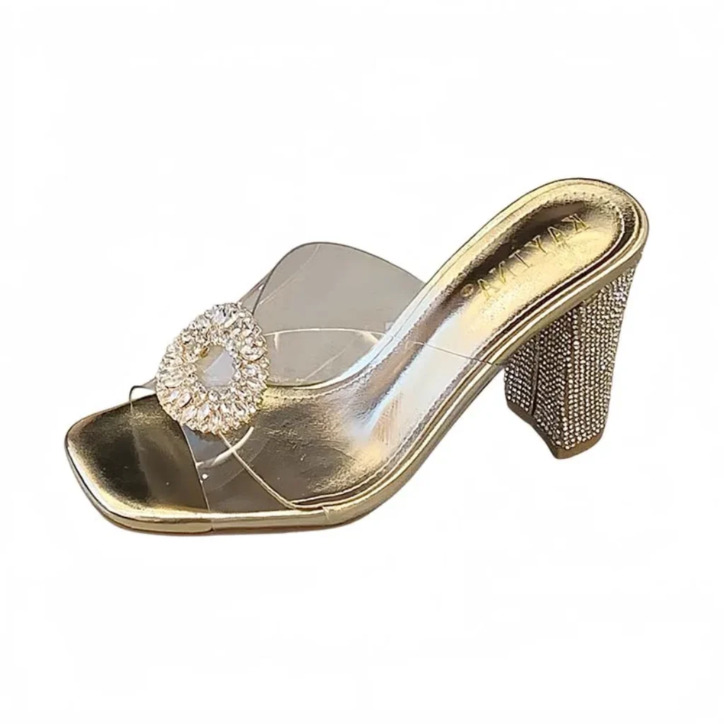 Gold Sandals Woman Heels Black Slippers Summer Rhinestones