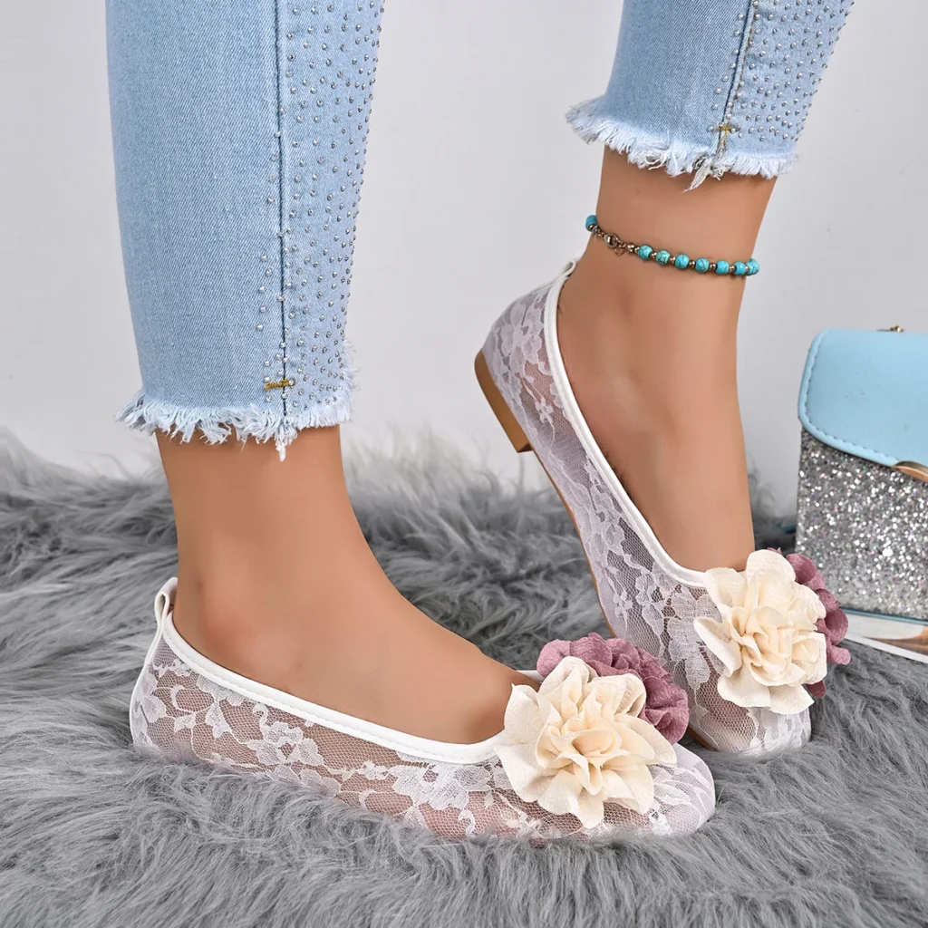 Ladies Slip‑On Ballet Flats,Charming Flower Ornament, Breathable Hollow