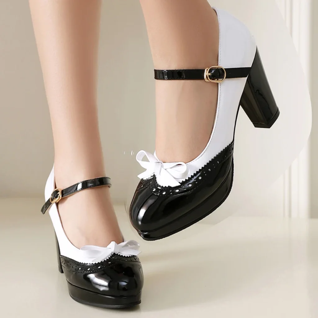 LIHUAMAO Women Black White Mary Jane High Heel
