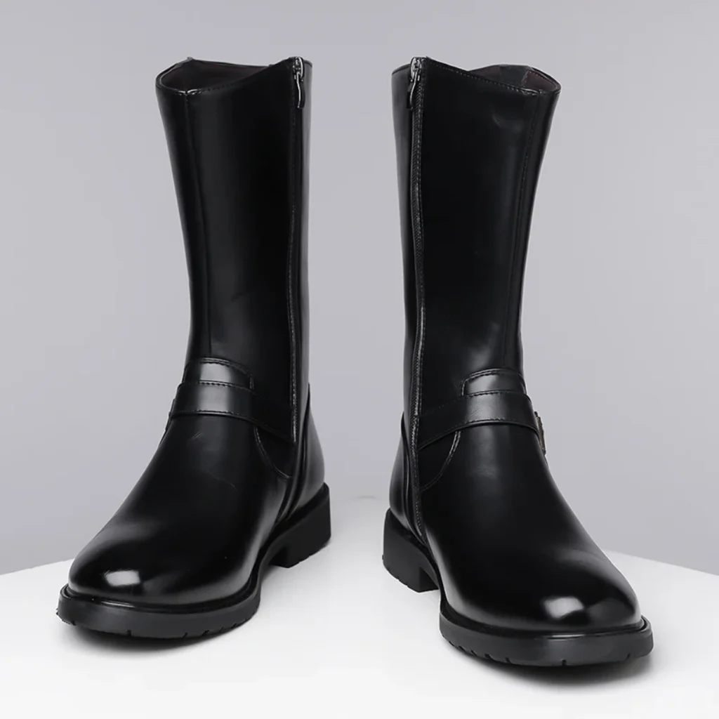 Men Black Mid Calf Boots Metal Buckle Side