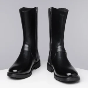 Men Black Mid Calf Boots Metal Buckle Side