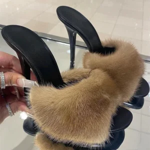Mink fur high heels women, slim heels, summer
