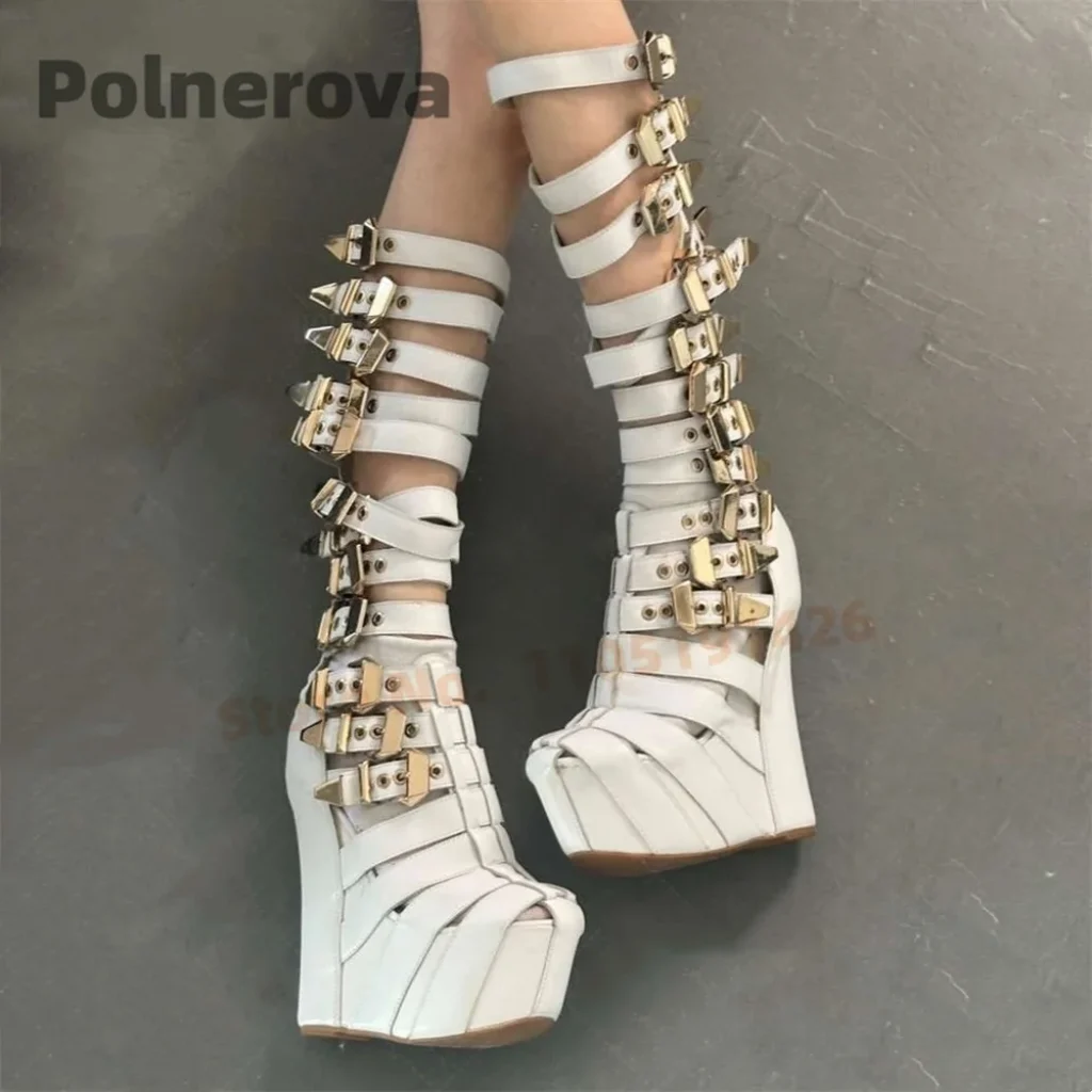 Multiple Buckle Strap Platform Sandal Boots Women White