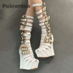 Multiple Buckle Strap Platform Sandal Boots Women White