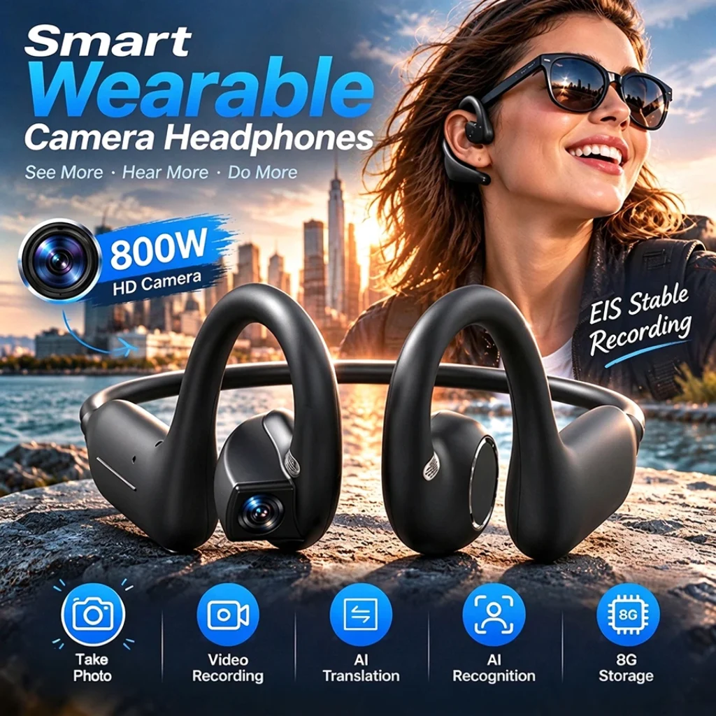 1080P Video Record Bluetooth Earphones 800W Pixel Camera