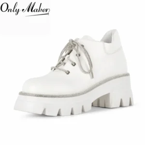 Onlymaker White Women Chunky Platform Ankle Boots Rhinestone