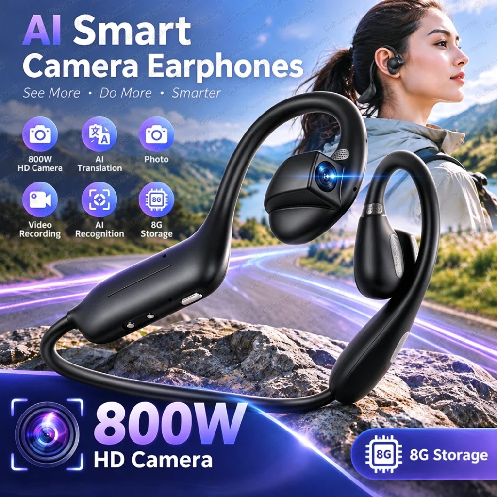 Open‑Ear 8MP Camera AI Smart Headphone Men 1080P