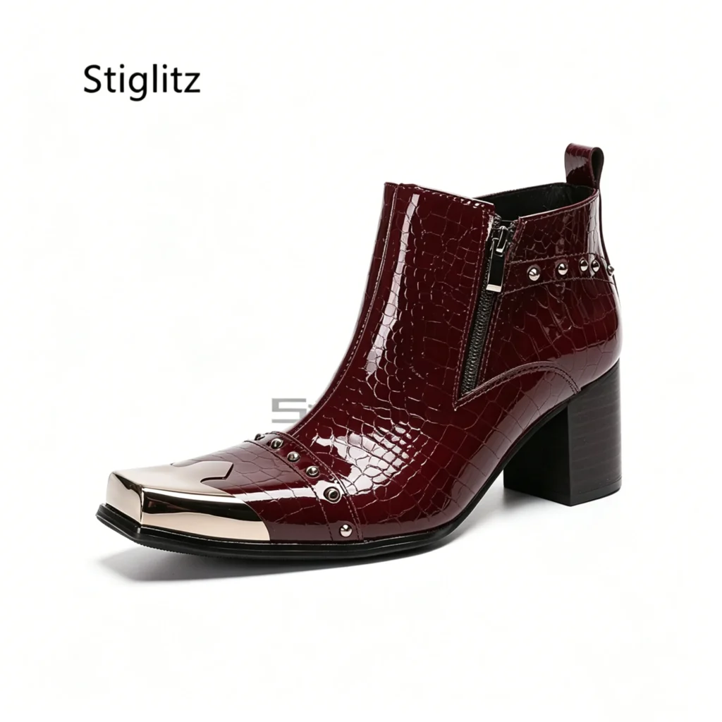 Patent Leather Men’s Rivets Chelsea Boots Metal Square