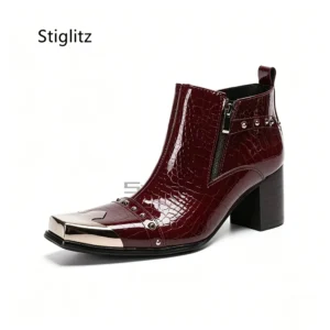 Patent Leather Men’s Rivets Chelsea Boots Metal Square