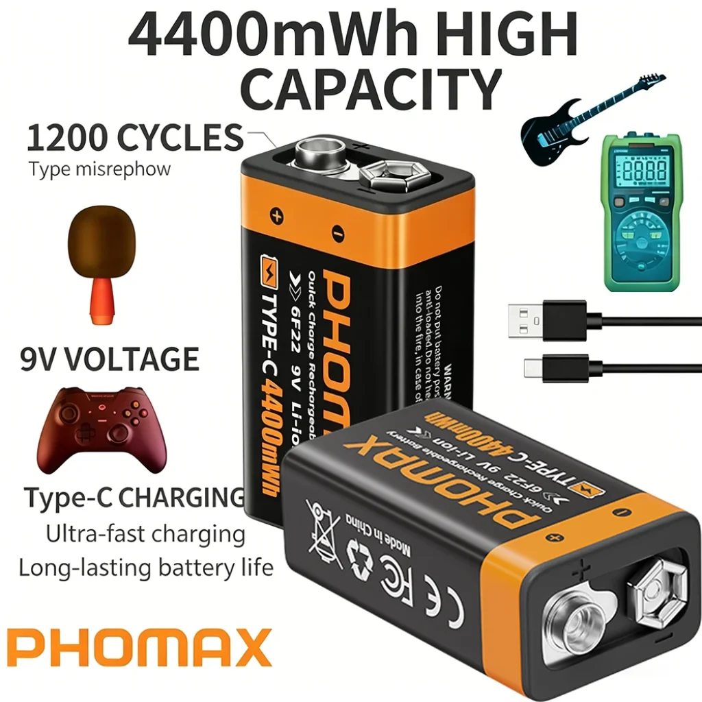 PHOMAX Long-Lasting 9V Rechargeable Battery 4400mWh High Capacity