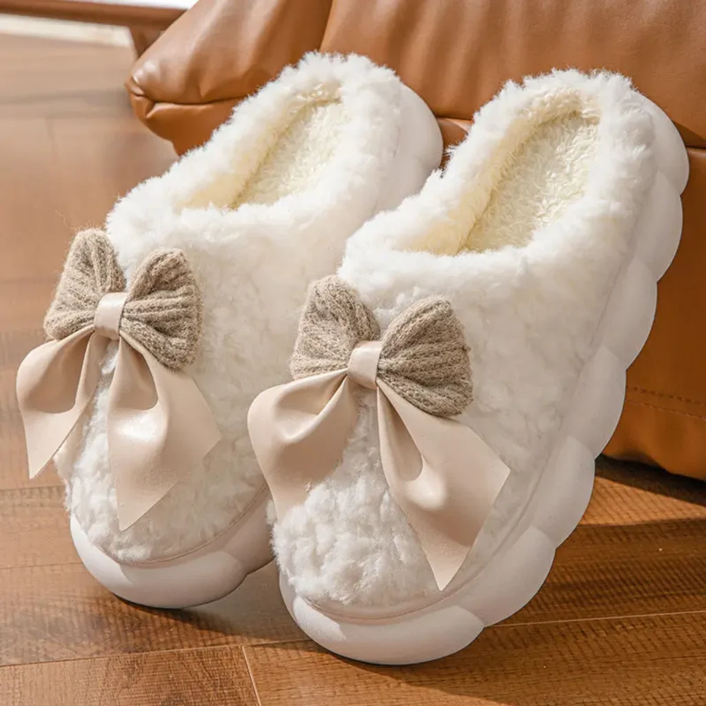 Pink Bowtie Furry Fur Slippers Women Winter 2026