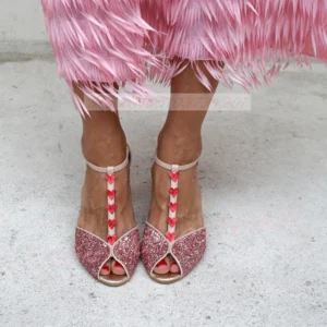 Pink Glitter Heart-Shaped Heeled Sandals Women T-bar Peep