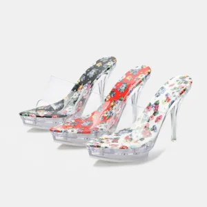 Pointed Toe Platform Crystal Shoes Print Transparent Women’s