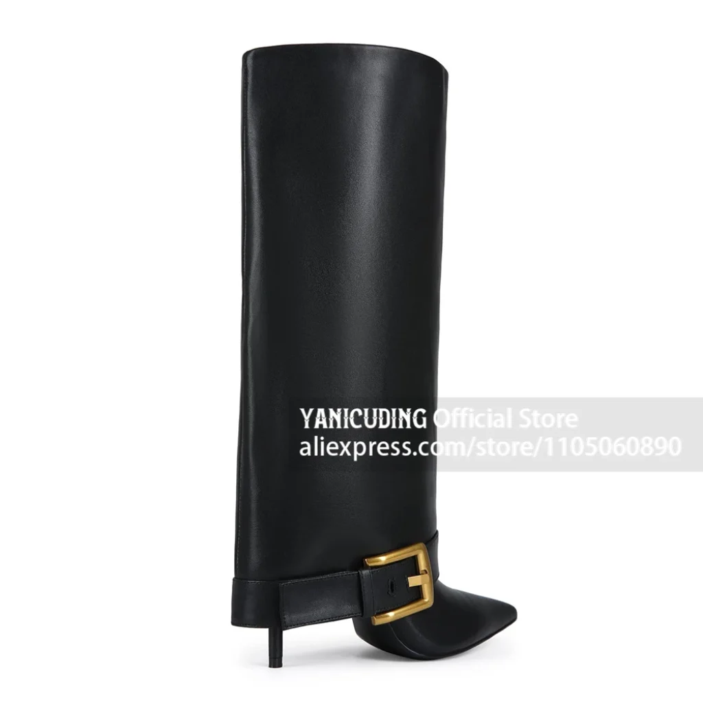 PU Leather Fold Knee High Boots Oversized Square