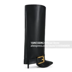 PU Leather Fold Knee High Boots Oversized Square