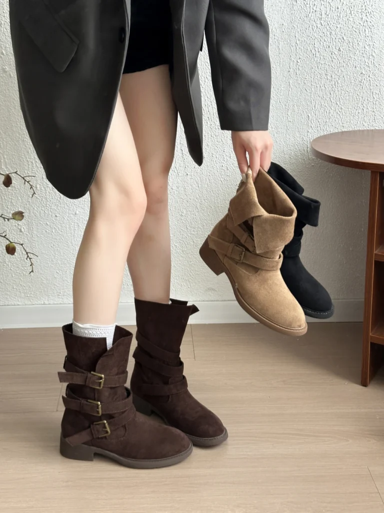 Retro Belt Buckle Western Cowboy Boots Women’s Mid-Calf