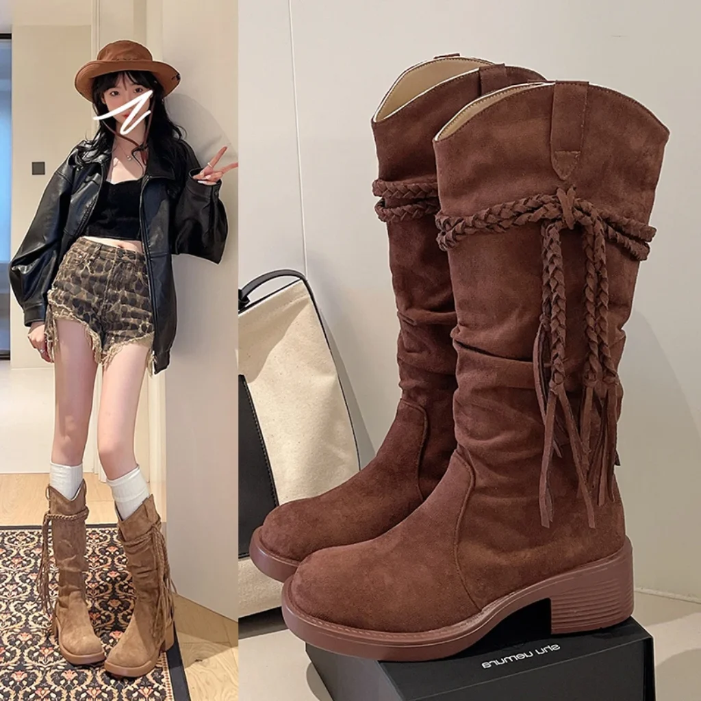 Retro Worn-out Scholar Style Tassel Knight Boots, Chunky