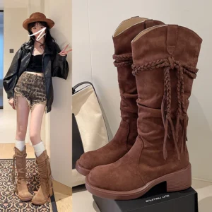 Retro Worn-out Scholar Style Tassel Knight Boots, Chunky