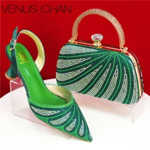 Sparkling Rhinestone Green Pumps Medium Heel Nigerian Women’s