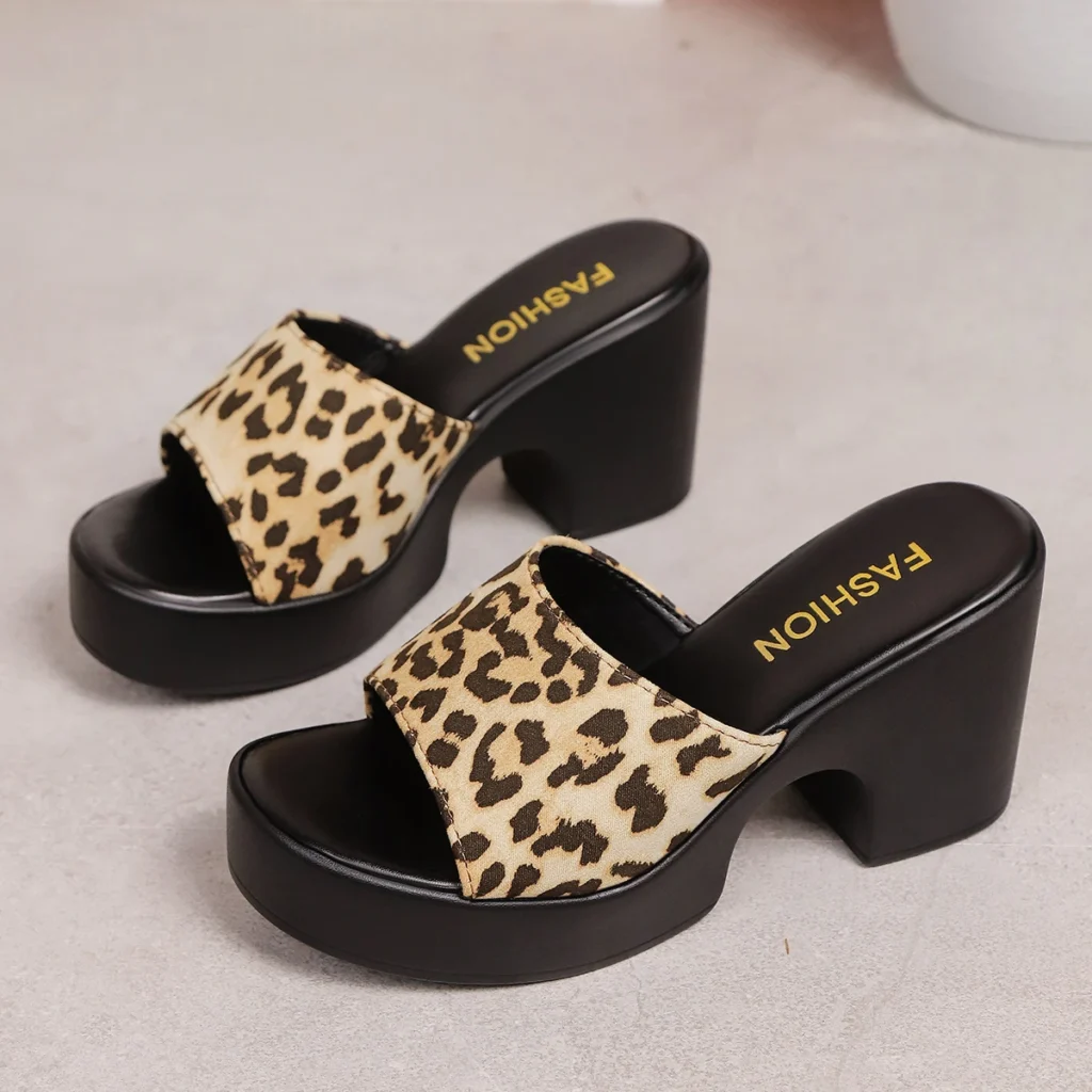 Summer Women Leopard Print Open Toe Platform Chunky